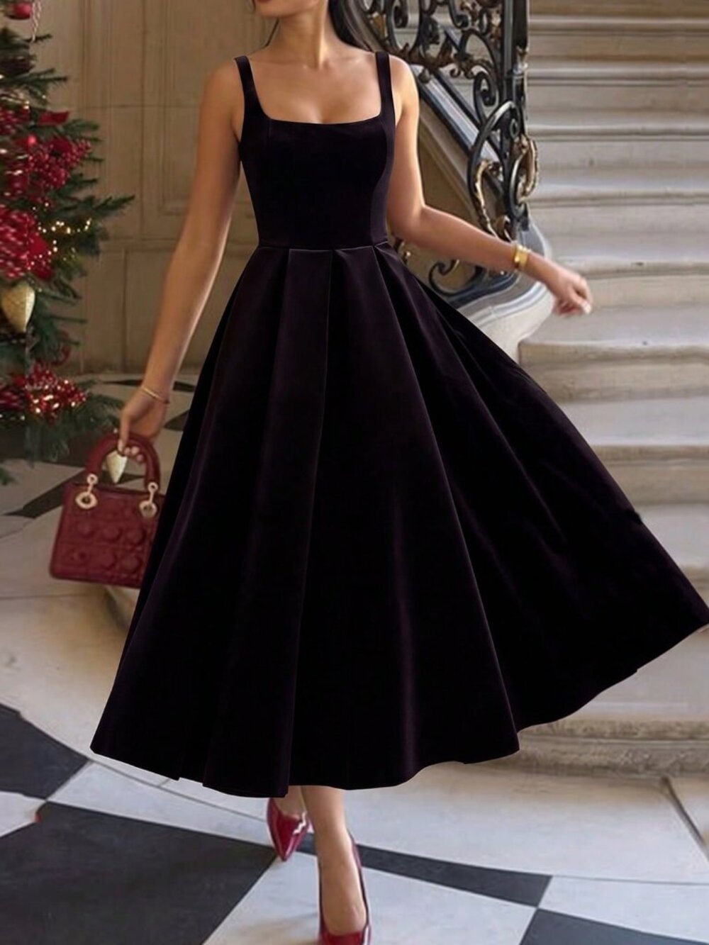 Black Casual Women's Elegant Square Neck Long A-Line Velvet Maxi Dress